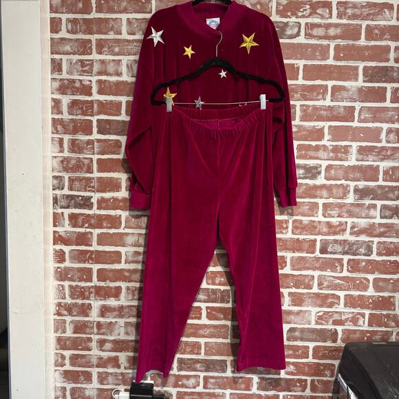 Club Sport Pants - Vintage Velour Star Lounge Tracksuit Set Y2k USA Red Gold Silver Stars Size L